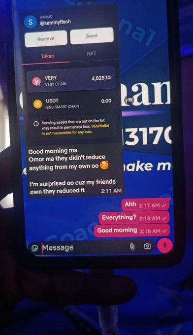 A screenshot of a VeryWallet conversation showing a balance of 4,825.10 VERY tokens and messages discussing issues with sending assets not being on the list.