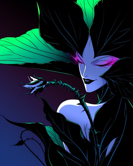 A stylized digital illustration of a dark, nature-themed female figure with large green leaves forming a headdress, glowing purple eyeshadow, and thorny vines against a deep blue and purple gradient background.