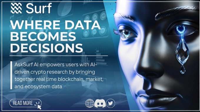 A promotional banner for 'Surf' with the tagline 'WHERE DATA BECOMES DECISIONS,' featuring a metallic 3D-rendered face with a glowing diamond-shaped tear, and text explaining that AskSurf AI empowers users with AI-driven crypto research.