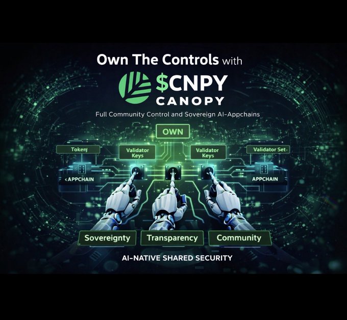 The image features an advertisement for a new app called "Canopy" that is part of the CNPY network. The poster displays a graphic representation of a tree with three branches, each representing a different aspect of the app's functionality - token supply, validator keys, and the entire validator set. The text on the poster reads: "OWN THE CONTROLS WITH SCNPYCANOPY", which emphasizes that the app is owned by the CNPY network. The image also includes a quote from the company's founder, stating that they are redefining ownership in the appchain space with their clear "Own The Controls" philosophy.