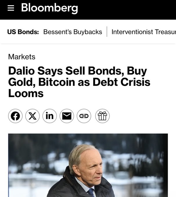 A Bloomberg news article headlined 'Dalio Says Sell Bonds, Buy Gold, Bitcoin as Debt Crisis Looms' under the 'Markets' section, with a top ticker referencing 'Bessent's Buybacks' and an image of Ray Dalio.