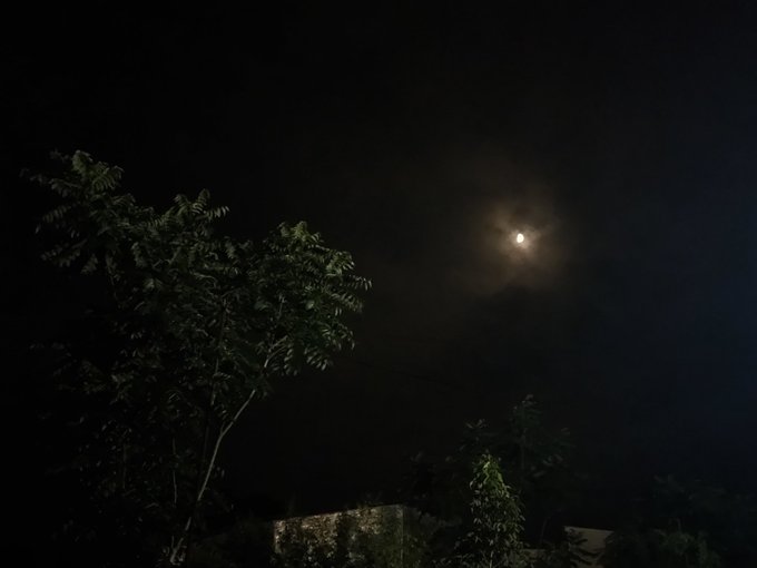 A glowing moon shines through wispy clouds over a silhouetted treetop at night, creating a peaceful, restful scene that mirrors the post's message about winding down for sleep.
