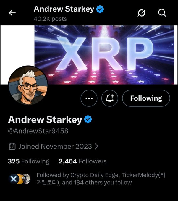 A Twitter/X profile for "Andrew Starkey" (@AndrewStar9458), featuring a verified account with 40.2K posts, 2,464 followers, and an XRP-themed banner, matching the post's call to follow this dedicated XRP supporter.