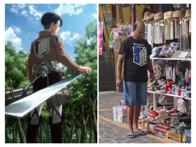 The image shows a side-by-side comparison: on the left, an anime character (Levi from Attack on Titan) wearing a Survey Corps jacket with the Wings of Freedom emblem, and on the right, a man at an outdoor market wearing a black "Attack on Titan" t-shirt featuring the same Wings of Freedom insignia. The juxtaposition humorously illustrates the contrast between "perpetual trading on centralized exchanges" versus "perpetual trading on decentralized exchanges," using Levi—a character renowned for his precision, skill, and central role—to represent the more controlled CEX experience, while the casual street vendor figure suggests the wilder, less polished world of DEXs.