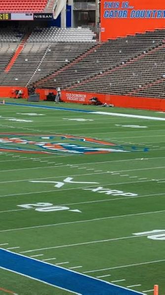 An empty football stadium shows "THIS IS GATOR COUNTRY" on an upper wall and "OLD DOMINION SECURITY INC" on a red barrier along the field. The post's down-arrow emoji suggests directing attention downward, fitting the image's focus on the field and yard lines below.
