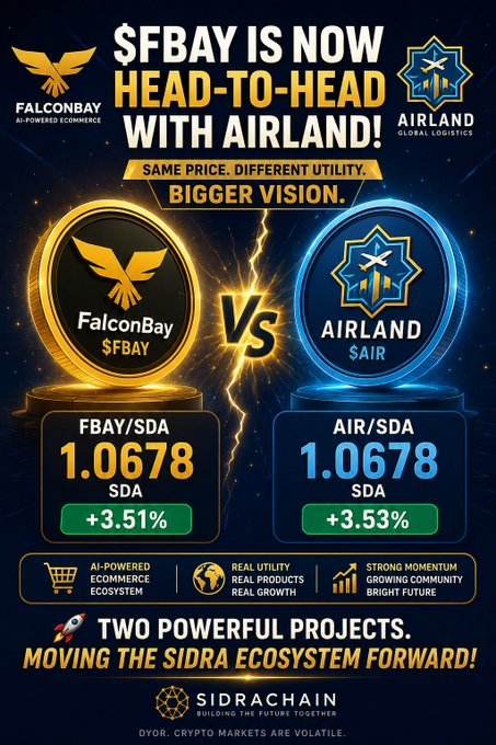 A promotional graphic titled '$FBAY IS NOW HEAD-TO-HEAD WITH AIRLAND!' comparing the two cryptocurrencies on the Sidra Chain, showing FBAY/SDA at 1.0678 (+3.51%) and AIR/SDA at 1.0678 (+3.53%).