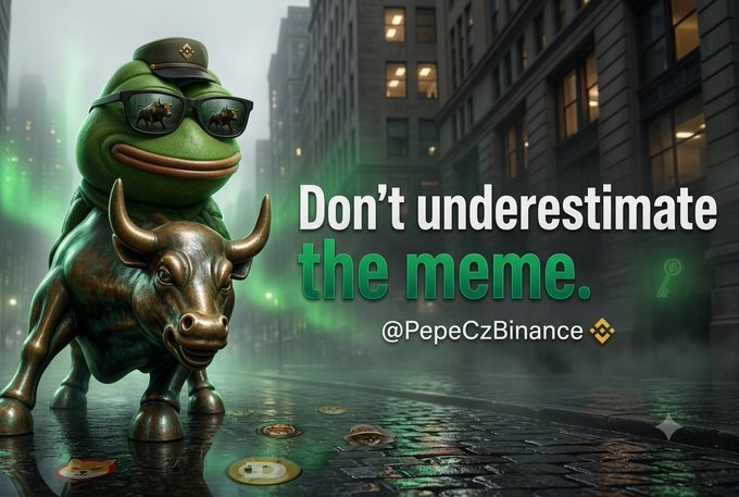A Pepe the Frog character in a military hat and sunglasses sitting on a bronze bull statue, with text reading "Don't underestimate the meme." and "@PepeCzBinance".