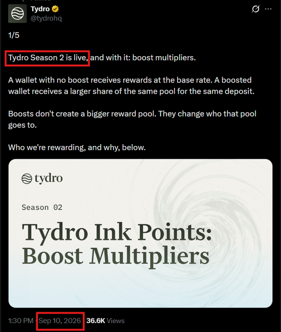 A screenshot of a tweet from user 'Tydro' (@tydrohq) dated Sep 10, 2026, announcing 'Tydro Season 2 is live, and with it: boost multipliers,' with a graphic titled 'Tydro Ink Points: Boost Multipliers'.