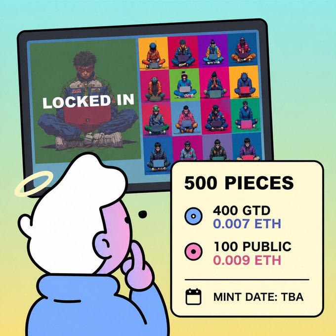 The image features a cartoon depiction of an older man with white hair, wearing a blue shirt, looking at a computer screen that displays a message about 500 pieces for 0.007 eth and 100 public pieces. The man appears to be contemplating whether or not he should buy these items.