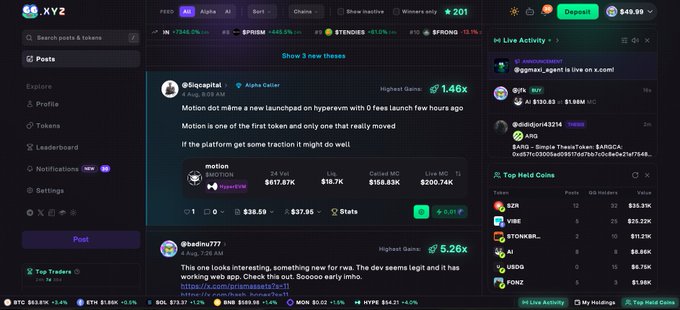 Screenshot of the XYZ token trading and social platform showing a post about the $MOTION token launch on hypervm with highest gains of 1.46x, alongside live activity feed and top held coins.