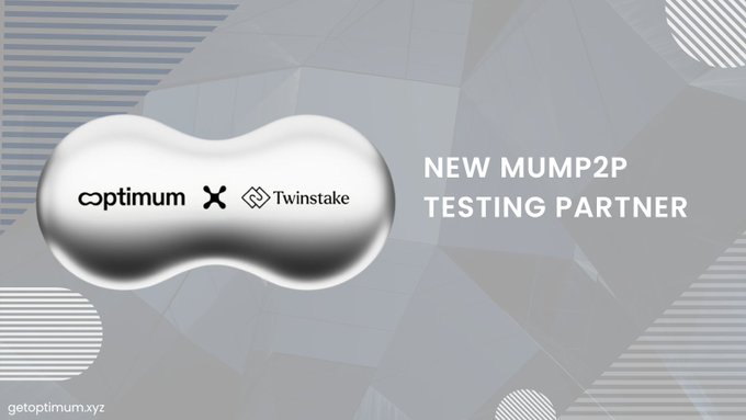 Promotional graphic announcing 'NEW MUMP2P TESTING PARTNER' featuring the logos of Optimism and Twinstake on a silver blob shape against a gray geometric background.