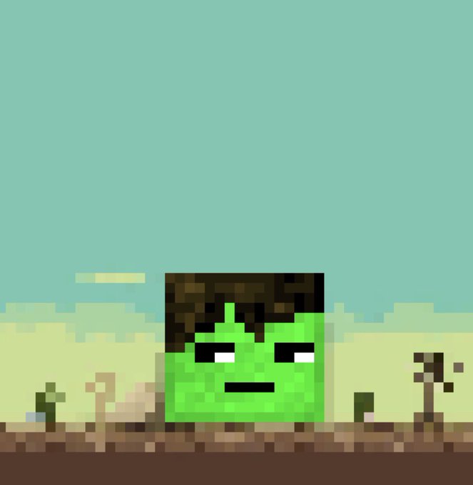 A pixel art depiction of a green block-headed character with brown hair and an unamused expression, standing in a grassy landscape under a blue sky.