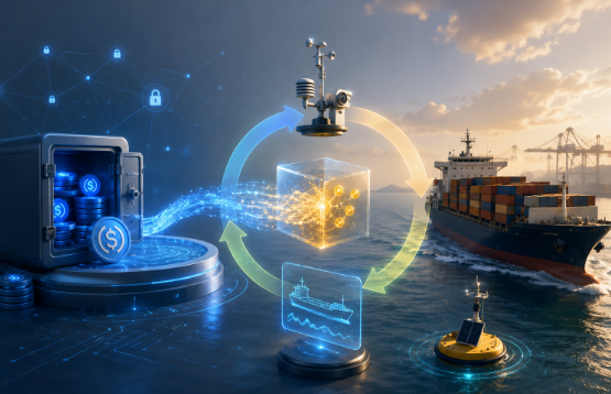 A digital illustration depicting maritime logistics and data security, featuring a cargo ship, weather station buoy, a vault containing coins, and holographic screens interconnected by glowing data streams.