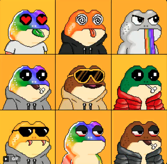 A 3x3 grid of cartoon frog characters on an orange background, each depicted with various expressions and accessories including heart eyes, sunglasses, spiral eyes, a bone, and a rainbow vomit effect.
