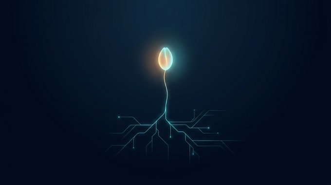 A minimalist digital illustration featuring a glowing plant-like sprout with two orange and teal leaves, its roots extending downward into circuit-board-like lines against a dark teal background.