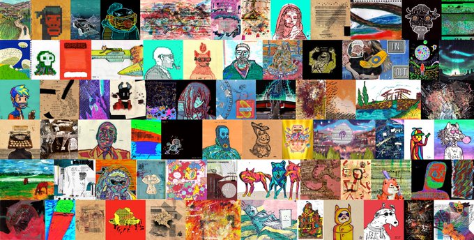 A collage or grid of numerous small, diverse artworks and illustrations in various styles, including portraits, animals, landscapes, and abstract designs.