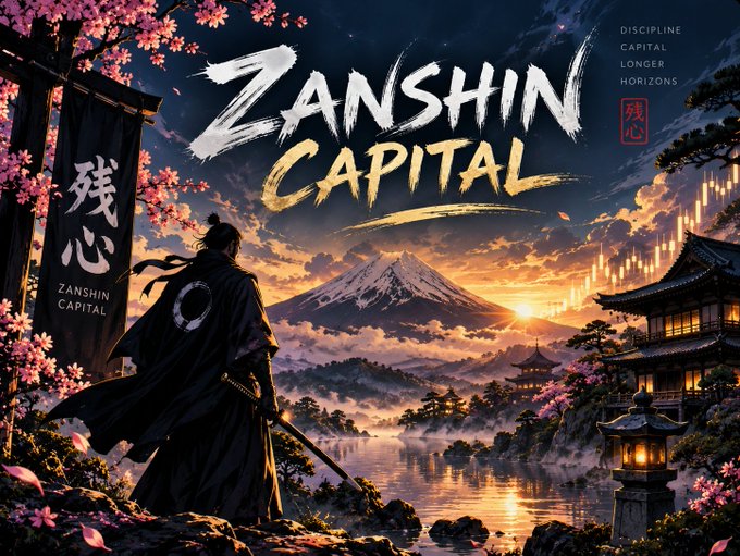 A promotional graphic titled 'ZANSHIN CAPITAL' features a samurai overlooking a scenic Japanese landscape with Mt. Fuji, cherry blossoms, and traditional architecture at sunset.