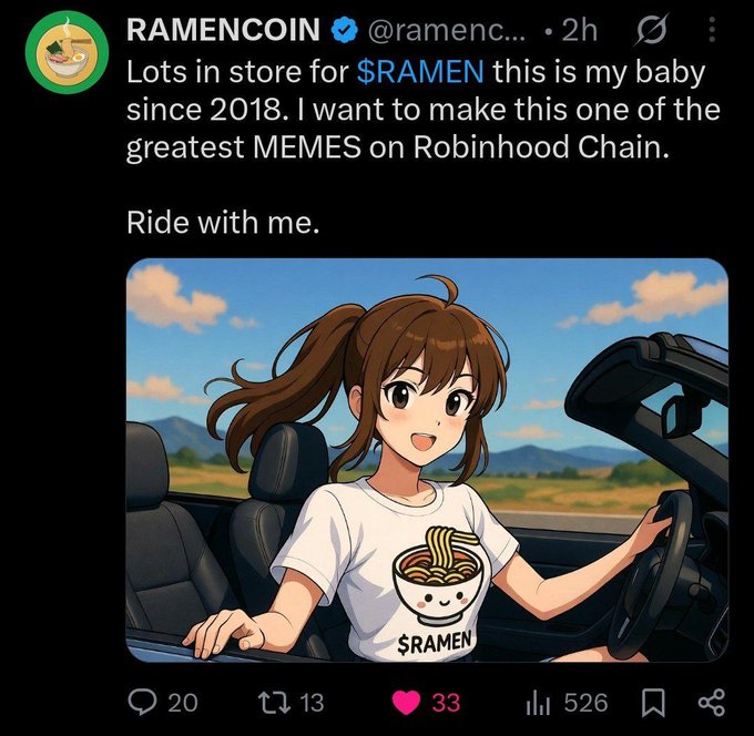 A tweet from @RAMENCOIN promoting the $RAMEN token, featuring an anime girl in a convertible wearing a shirt with a ramen bowl logo that says '$RAMEN'.