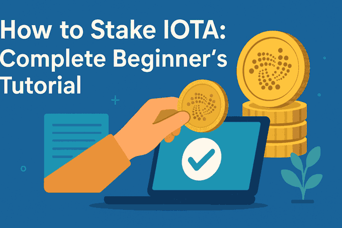 A graphic illustration with the title "How to Stake IOTA: Complete Beginner's Tutorial," featuring a hand holding an IOTA coin over a laptop with a checkmark, alongside a stack of gold IOTA tokens, visually representing the post's guide to staking IOTA for passive rewards.
