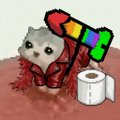 A pixel art image of a gray cat wearing a red plaid shirt, holding a rainbow-colored gun, with a roll of toilet paper beside it.