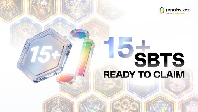 A promotional graphic from "renaiss.xyz" (Built on BNB Chain) showcases translucent hexagonal SBT tokens with the bold text "15+ SBTS READY TO CLAIM," illustrating the project's Web3 onboarding experience that the accompanying post highlights as a key barrier for newcomers.
