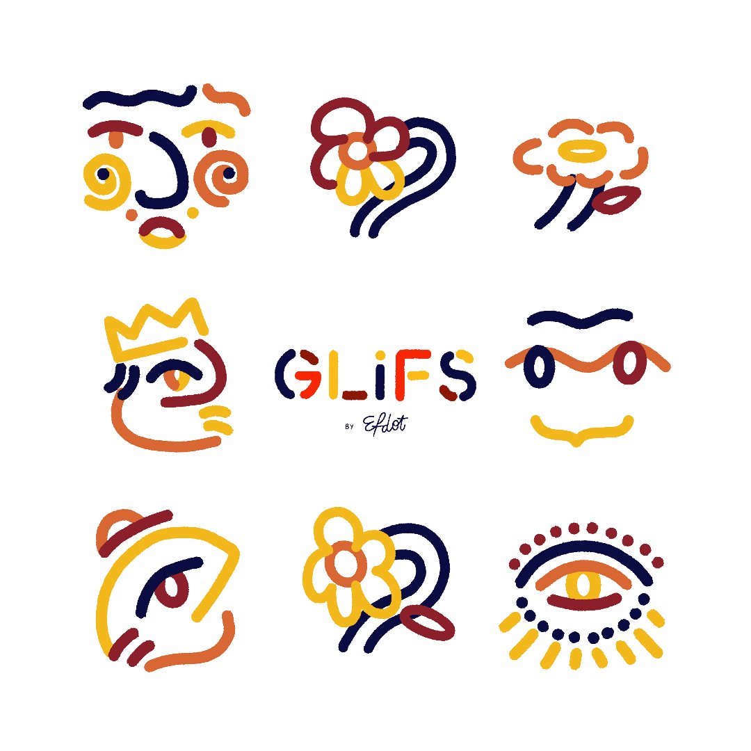 The image features a collection of nine different cartoon faces with various colors and styles, including a yellow face with a crown, an orange flower, and a red heart. The faces are arranged in a square formation against a white background, creating a visually striking contrast. The text "GLiFS" is prominently displayed at the bottom of the image, indicating that this collection of cartoon faces is related to the artist @EfdotStudio Efdot's NFTs and their unique co-created compositions.