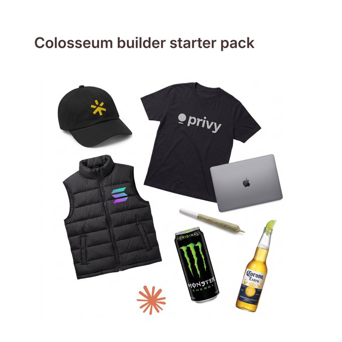 A 'Colosseum builder starter pack' meme displays a black hat with a yellow logo, a black 'privy' t-shirt, a puffer vest with a Solana logo, a MacBook, a Monster energy drink, a Corona beer, and a blunt.