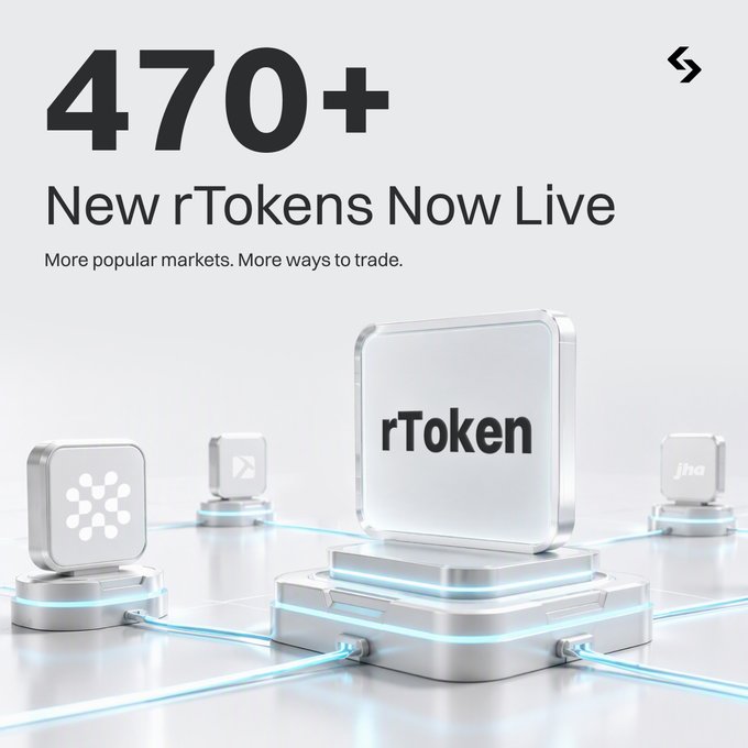 A promotional graphic displaying '470+ New rTokens Now Live' with various token icons connected by glowing lines.
