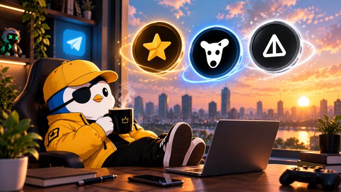 Cartoon penguin character in yellow hoodie and sunglasses holding a mug in a gaming setup with floating cryptocurrency token icons against a sunset cityscape.