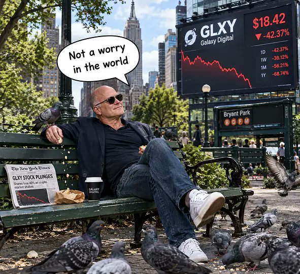 A man relaxes on a Bryant Park bench surrounded by pigeons with a speech bubble saying 'Not a worry in the world,' while a stock ticker in the background shows 'GLXY Galaxy Digital' plunging -42.37% to $18.42 and a newspaper headline reads 'GLXY STOCK PLUNGES.'