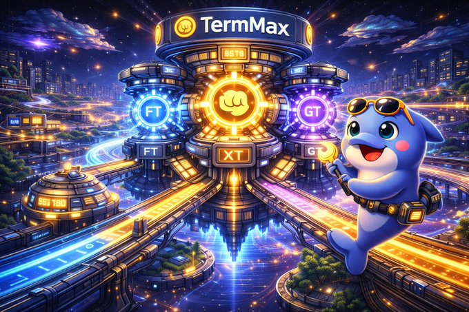 The image features a cartoon character, likely a shark or a sea monster, standing next to a building with a "TermMax" sign above it. The character appears to be holding a sword, which could symbolize their role as a pirate or a warrior. In addition to this, there are three other buildings in the scene, each representing a different type of currency: FT, XT, and GT. These buildings serve as a visual representation of the various ways people can invest or exchange money within the TermMax system.