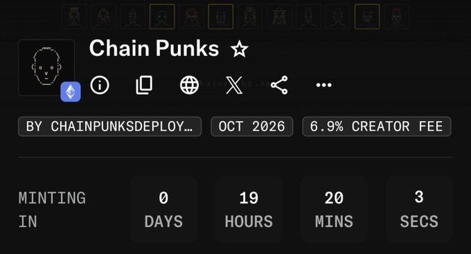 A countdown timer for the "Chain Punks" NFT collection shows minting begins in 0 days, 19 hours, 20 minutes, and 3 seconds, created by ChainPunksDeploy... with a 6.9% creator fee, scheduled for October 2026. The image displays the project's branding, ASCII-style punk avatars at the top, and various share and link options, aligning with the post's description of a free onchain ASCII mint featuring humans, robots, skulls, and aliens.