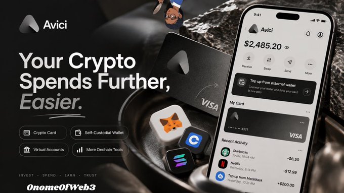 A promotional advertisement for Avici, a crypto-finance app displaying a Visa card and smartphone showing a $2,485.20 balance with features including Crypto Card, Self-Custodial Wallet, Virtual Accounts, and Onchain Tools, tagged with the slogan "Your Crypto Spends Further, Easier" and "OneomeOfWeb3." The image illustrates the post's point about web3 users easily tracking funds across multiple wallets and chains by showcasing a unified app interface that consolidates spending, swapping, and card management in one place.
