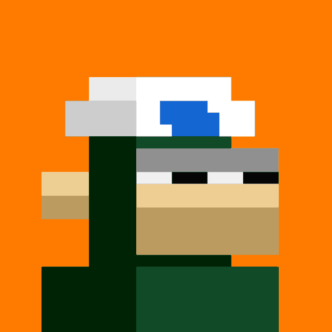An abstract pixel art composition featuring blocky shapes in orange, green, beige, white, gray, and blue colors.