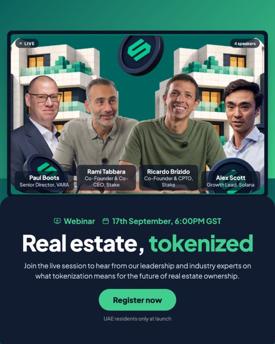 A webinar advertisement titled 'Real estate, tokenized' scheduled for 17th September at 6:00 PM GST, featuring speakers Paul Boots, Rami Tabbara, Ricardo Brizido, and Alex Scott.
