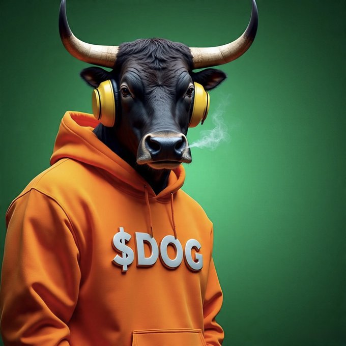 A stylized image of a bull's head wearing yellow headphones and an orange hoodie emblazoned with the text '$DOG', with smoke wisping from its nose against a green background.