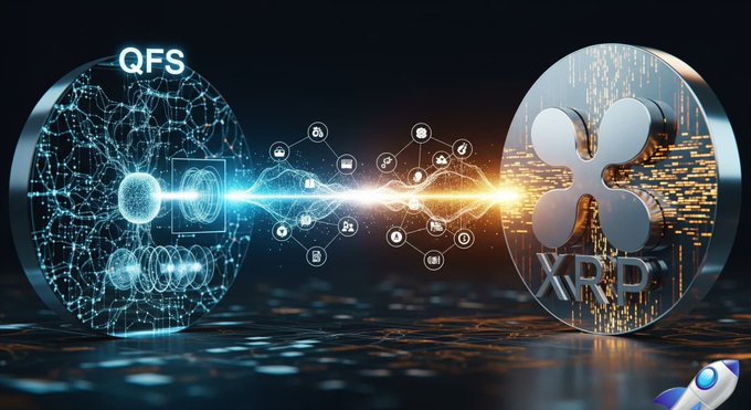 A digital graphic shows two circular emblems connected by a glowing energy beam carrying data nodes—the left emblem labeled "QFS" features a blue quantum/network design, while the right displays the silver "XRP" Ripple logo with golden circuit-like streams flowing outward, visually symbolizing the post's claim of a "Web3 meets Quantum Financial System" integration with ISO 20022-compliant XRP.