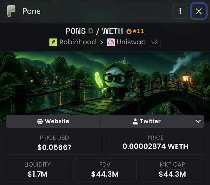 The image shows a crypto tracker page for the PONS token (PONS/WETH pair #11) listed on Robinhood via Uniswap V3, priced at $0.05667 USD with a market cap of $44.3M and liquidity of $1.7M. The page features PONS's mascot—an owl with glasses holding a glowing green feather on a moonlit bridge—visually representing the token's rise that allowed it to flip $CASHCAT as noted in the post.