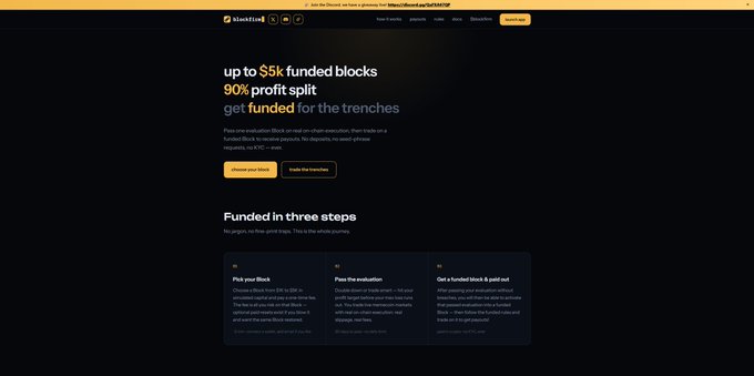A dark-themed website homepage for 'blocktrl' advertising funding services with text reading 'up to $5k funded blocks', '90% profit split', and 'get funded for the trenches'.