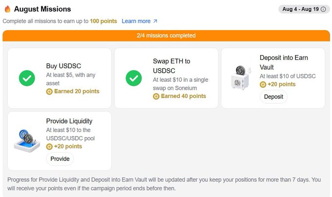 A digital interface displays 'August Missions' rewards campaign showing 2/4 missions completed, including tasks to 'Buy USDC' and 'Swap ETH to USDC' with point earnings.