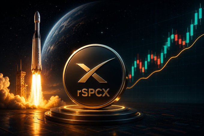 A digital graphic depicting a SpaceX-style rocket launching from a pad, with a gold XRP-branded token in the foreground and a green rising crypto price chart in the background.