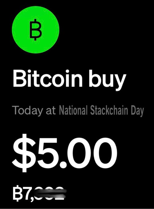 A Cash App promotional graphic for 'National Stackchain Day' showing a Bitcoin purchase promotion for $5.00.