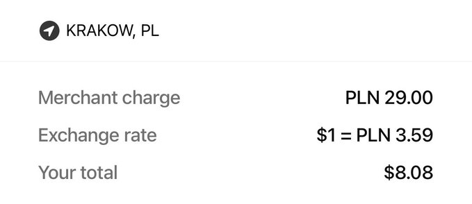 The image displays a screenshot of a payment receipt for a product purchased, such as an item at an online store, which was priced at $3.89. The merchant charge amount for this transaction is $1.00 (PLN), and the exchange rate for exchanging your total to PLN is $1.01.