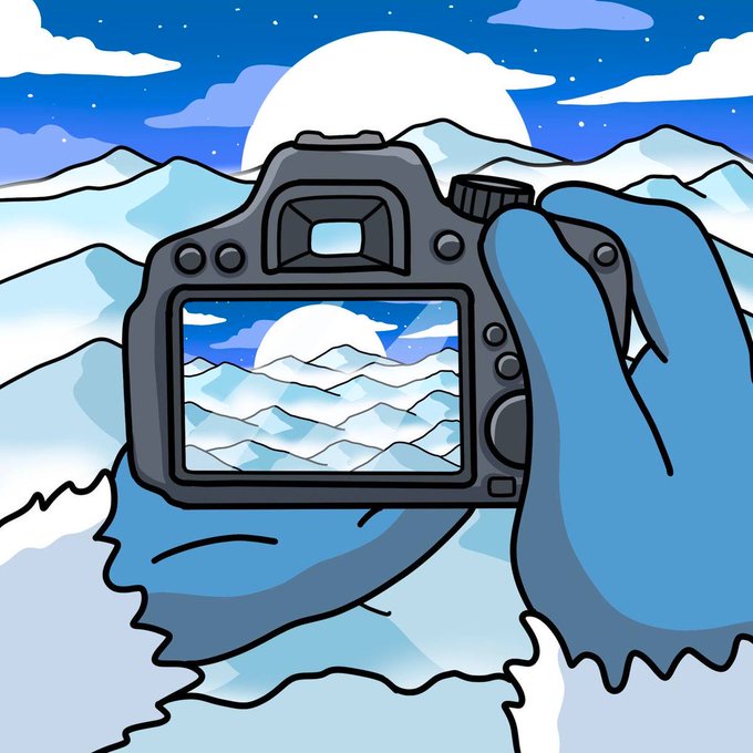 A cartoon illustration of a blue furry yeti-like creature holding a DSLR camera, with the camera's LCD screen displaying a snowy mountain landscape under a moonlit sky.