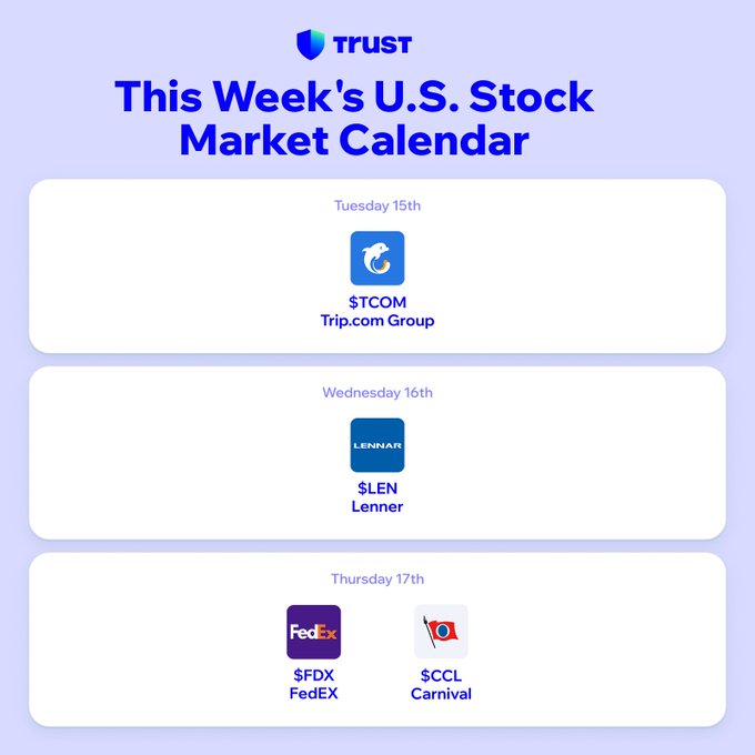 The image displays a U.S. Stock Market Calendar for the week, highlighting earnings reports from $TCOM (Trip.com Group) on Tuesday 15th, $LEN (Lennar) on Wednesday 16th, and both $FDX (FedEx) and $CCL (Carnival) on Thursday 17th, fitting the "New week, new calendar" theme by showcasing key companies to watch for the upcoming trading week.