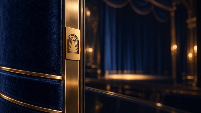 A close-up view of a theater interior featuring a blue velvet curtain, brass railings, and a brass plate with a curtain icon, with a dimly lit stage visible in the background.