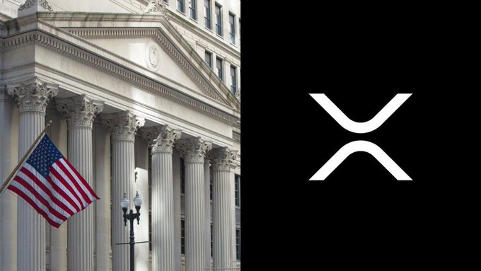 Side-by-side image showing a U.S. Treasury-style neoclassical building with an American flag on the left, paired with the XRP (X) logo on the right, illustrating a reported FedNow integration processing an XRP transaction into the U.S. banking network.