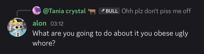 A Discord chat shows user "@Tania crystal" with a BULL badge saying "Ohh plz don't piss me off," followed by user "alon" responding at 03:12 with "What are you going to do about it you obese ugly whore?" — perfectly illustrating the "degen" behavior mentioned in the caption with a hostile, low-effort reply.