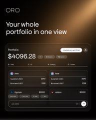 A mobile app screenshot for ORQ displaying "Your whole portfolio in one view" with a total portfolio value of $4096.28, showing two accounts labeled 'Pork' and 'Chicken' with balances of $2048.14 each.