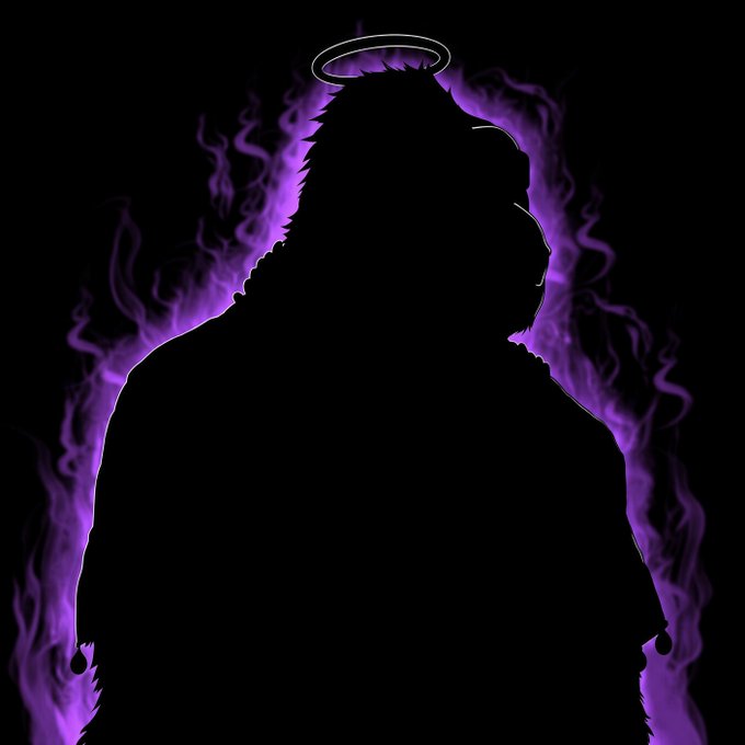 A silhouette of a muscular figure with a halo, outlined by purple flames against a black background.